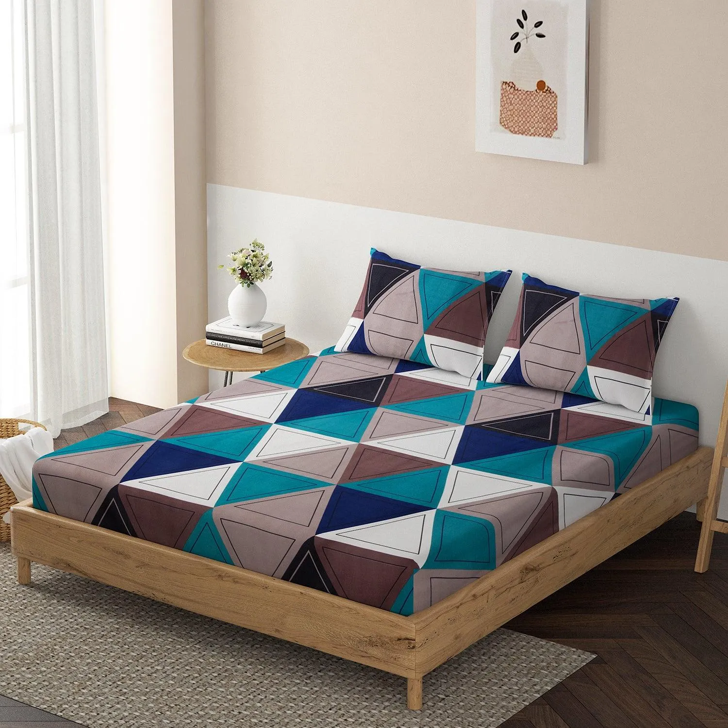140 GSM Microfiber Fitted Bedsheet with 2 Pillow Covers for Queen / King Size bed, Mineral Blue Pyramids