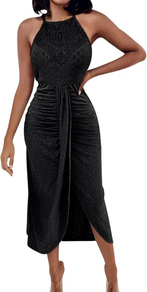 2025 Womens Halter Tie Back Dresses Summer Sleeveless Slit Front Pleated Eyelet Trendy Lace Bodycon Ruched Midi Sundress