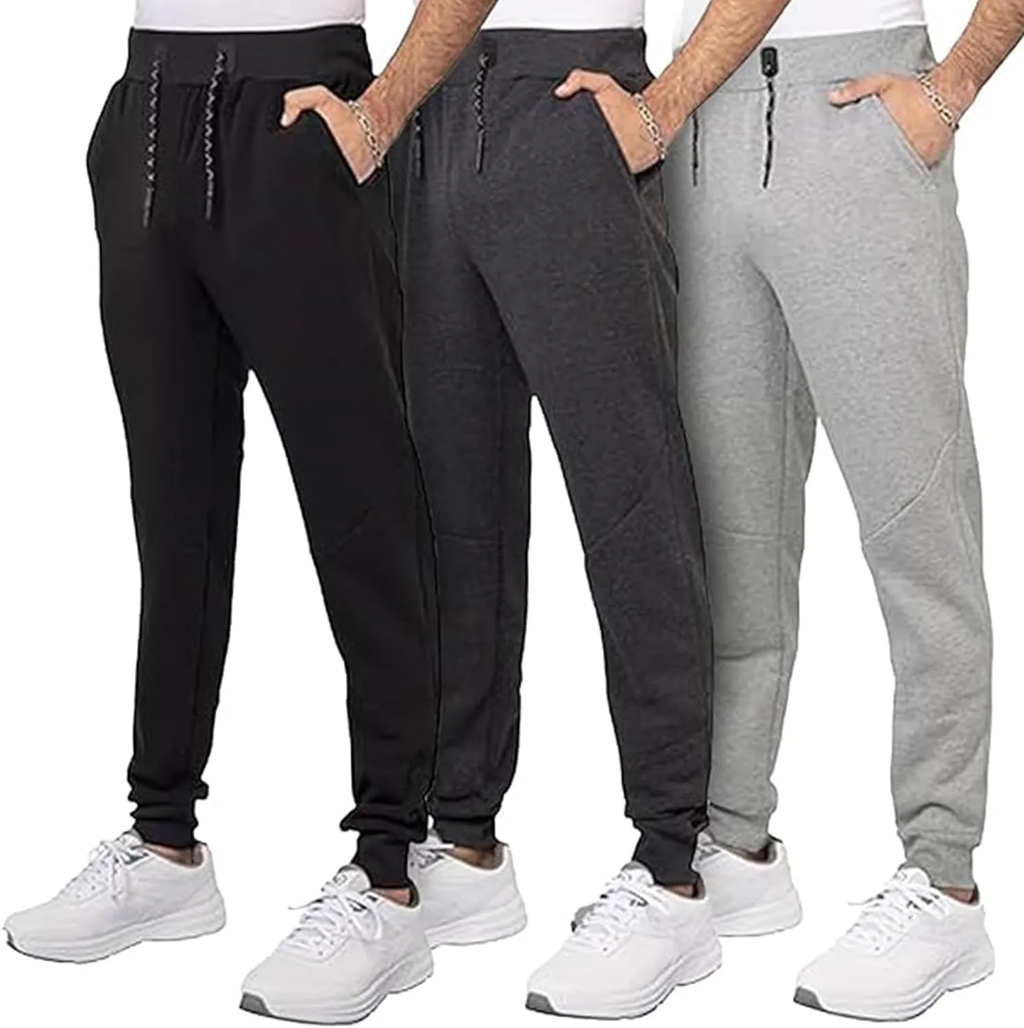 3 Pack Fleece Joggers for Men - Workout Mens Sweatpants with Zipper Pockets & Drawstring - Active Sweat Pants