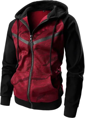 AFILOK Men's Zip Up Hoodie Fleece lightweight Sweatshirt Camo Color Block Fashion Long Sleeve Hooded WIth Kanga Pocket