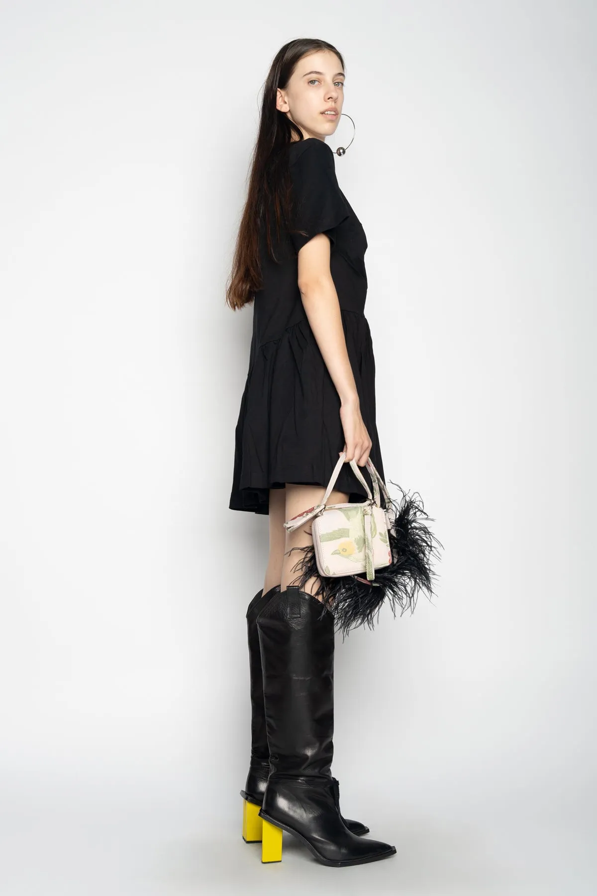 BLACK PANELLED GATHERED DRESS