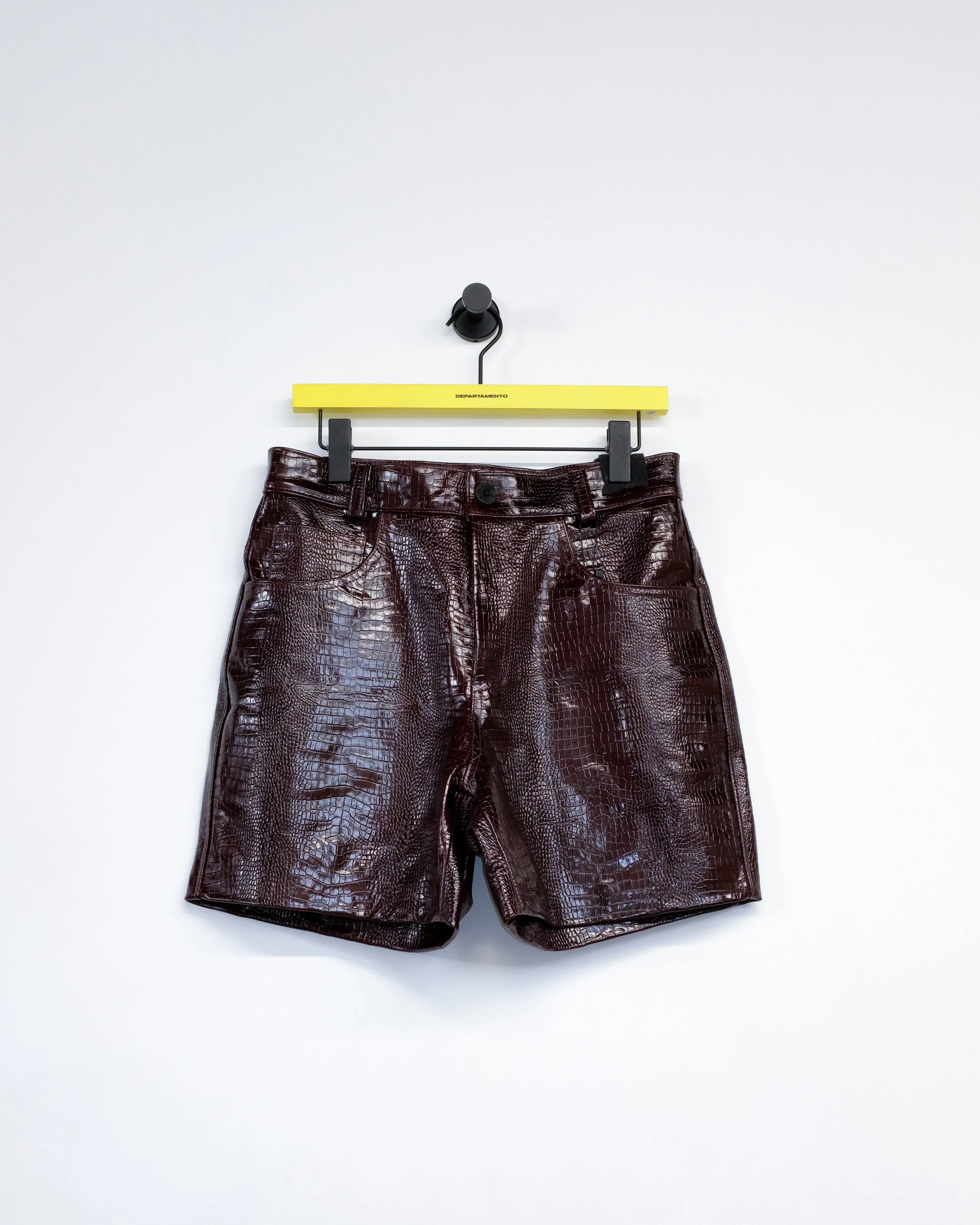 Brown Leather Crocodile Five Pocket Leather Shorts