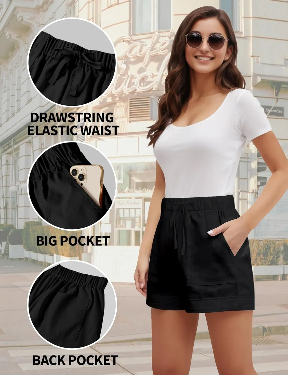 Buauty Womens Shorts, Flowy Shorts for Women Trendy, Linen Comfy Beach Elastic Waist Shorts for Casual Summer Dressy