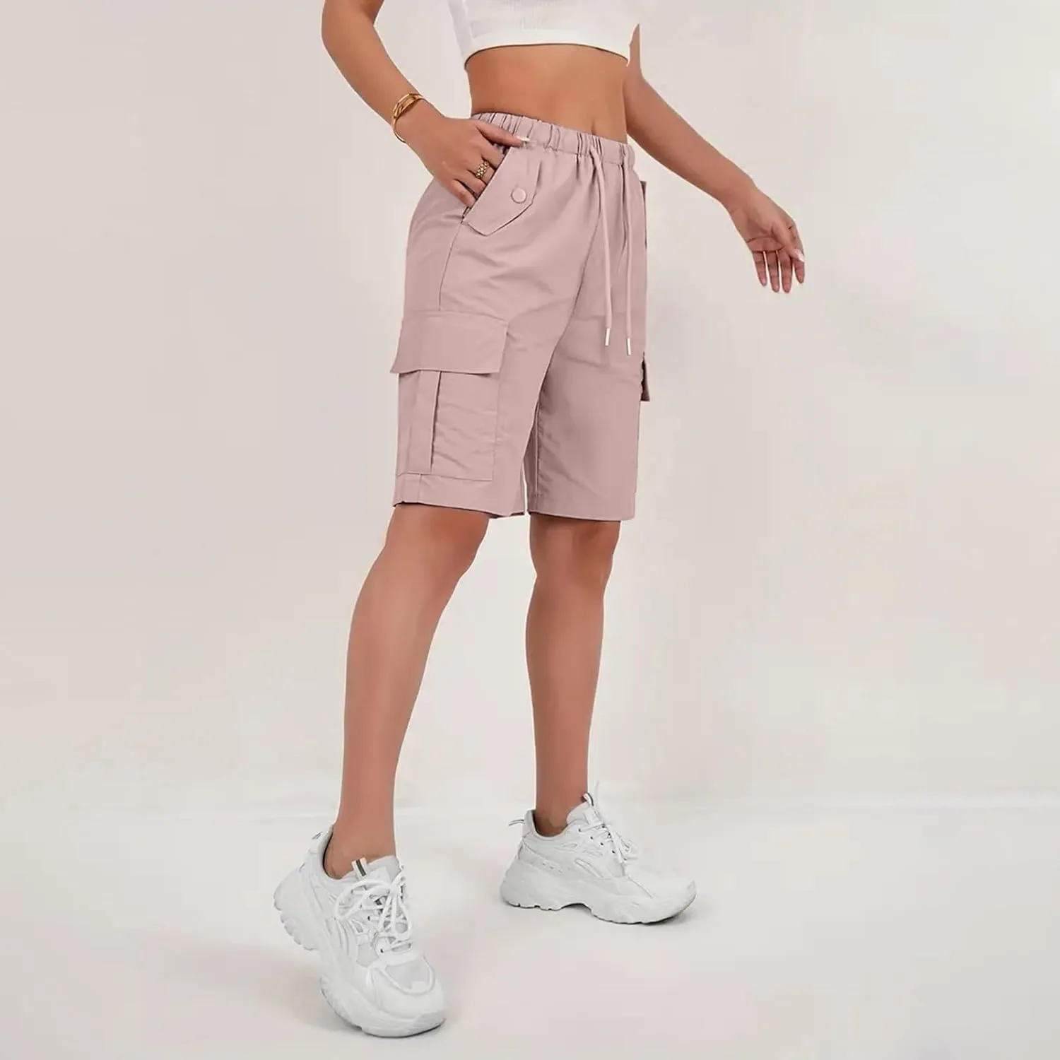 Cargo Shorts Women Waterproof Lightweight Plus Size Bermuda Shorts with Pockets Knee Length Ripstop Hiking Shorts