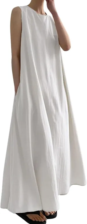 CHARTOU Women Casual Cotton Linen Sleeveless Maxi Dress Ruffle Shift Dress Flowy Beach Summer Long Tank Dress