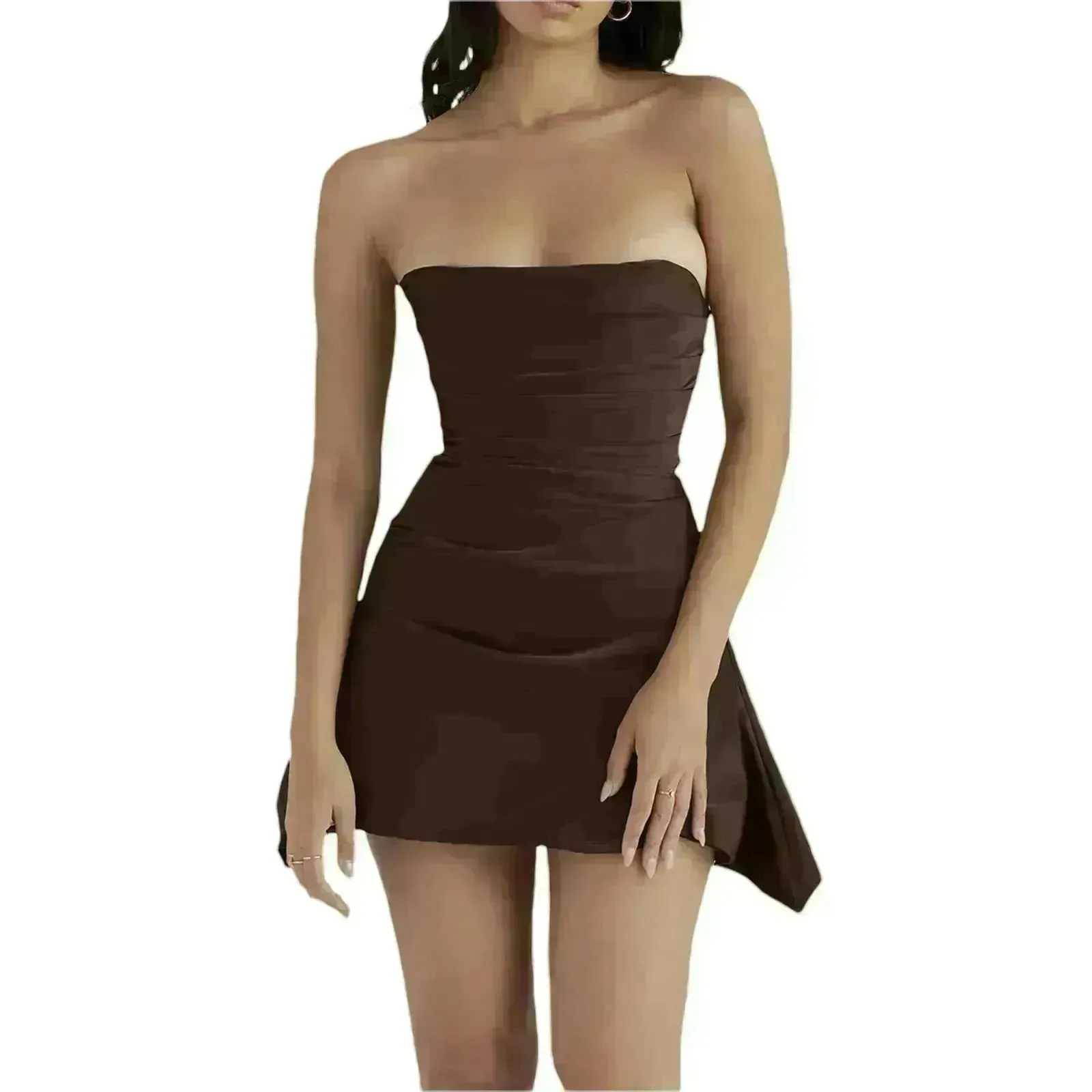 Chic Women's Fashion Tube Top Irregular Pleated Elastic Satin Mini Dress for Evening Party, Cocktail