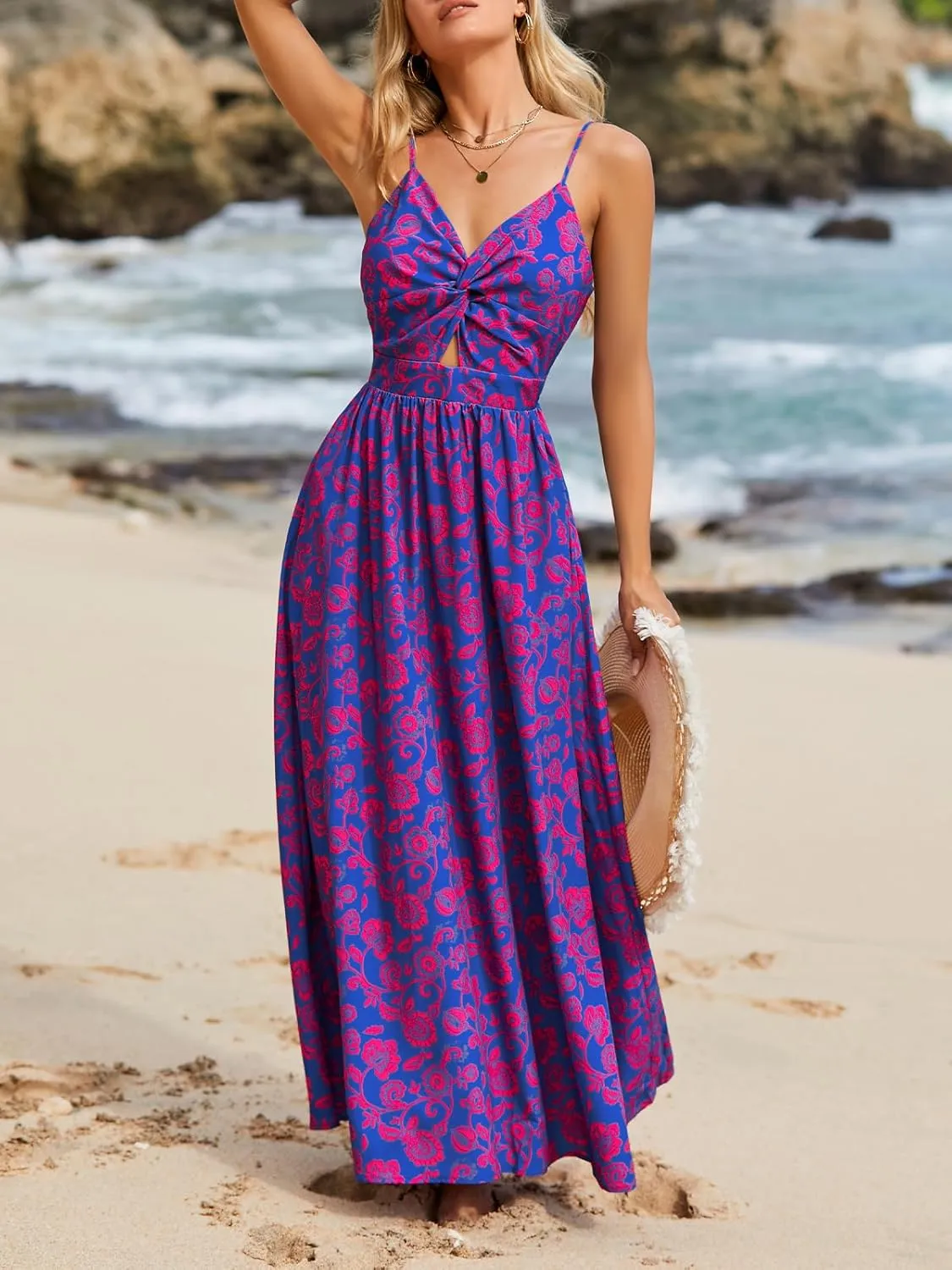 CUPSHE Women's Maxi Dress Floral Print Twisted V Neck Sleeveless Long Dress Summer Casual Dress