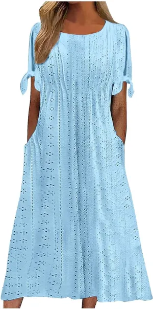 JOAU Womens Boho Hollow Out Eyelet Midi Dress Summer Crew Neck Tie Knot Slit Short Sleeve Vacation Beach Dresses with Pockets
