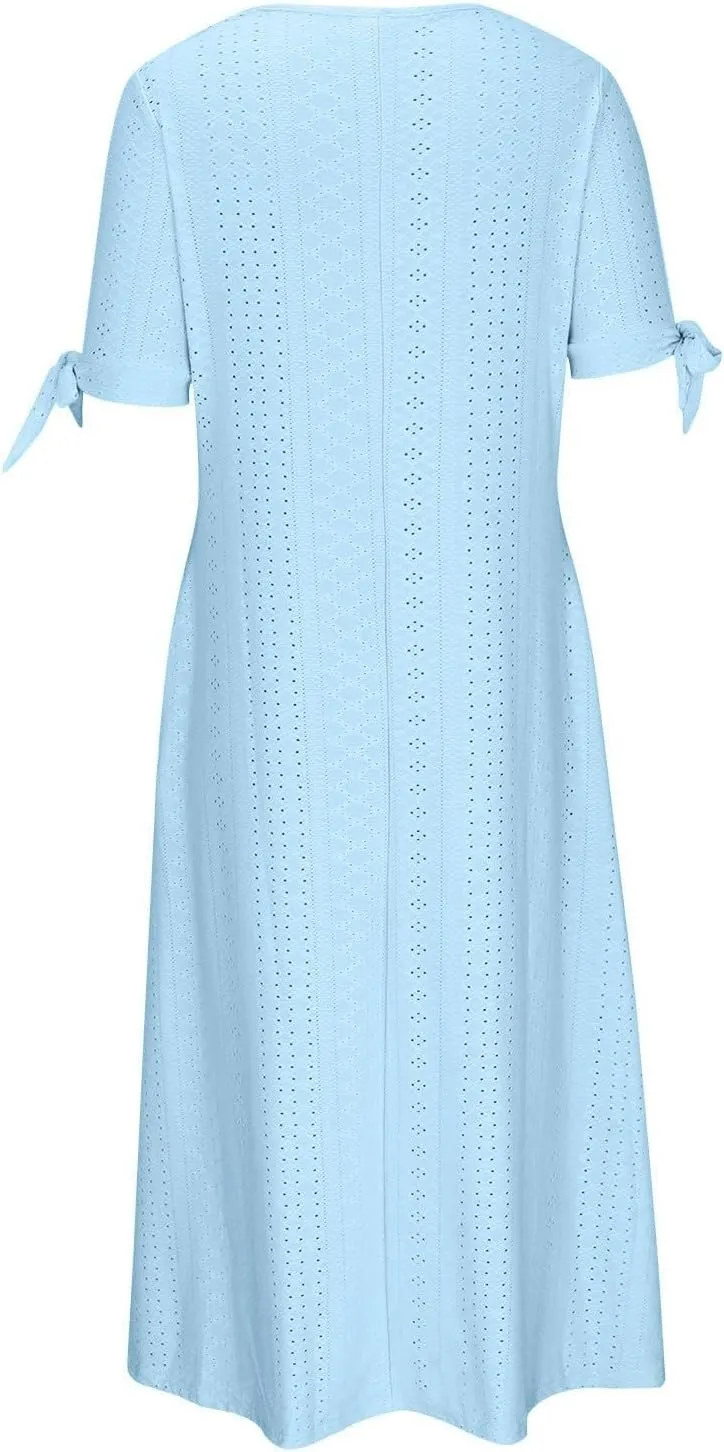 JOAU Womens Boho Hollow Out Eyelet Midi Dress Summer Crew Neck Tie Knot Slit Short Sleeve Vacation Beach Dresses with Pockets