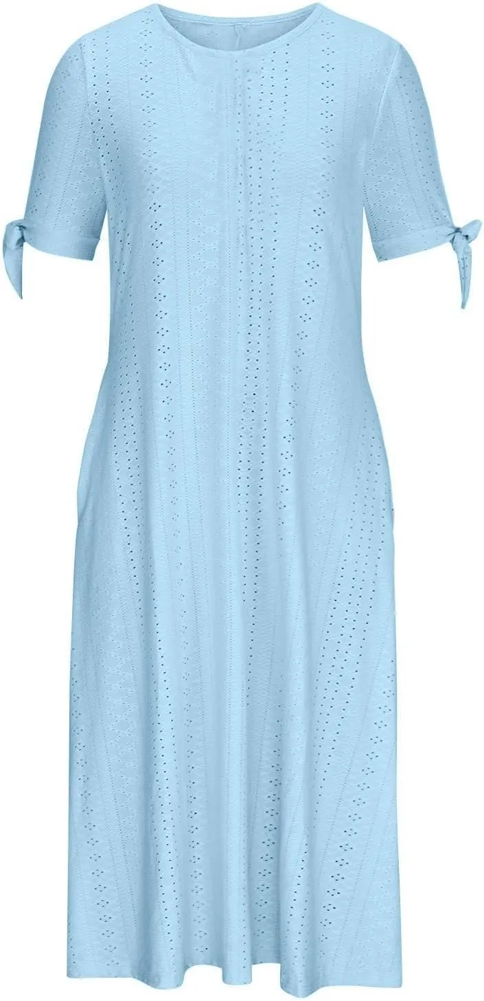 JOAU Womens Boho Hollow Out Eyelet Midi Dress Summer Crew Neck Tie Knot Slit Short Sleeve Vacation Beach Dresses with Pockets