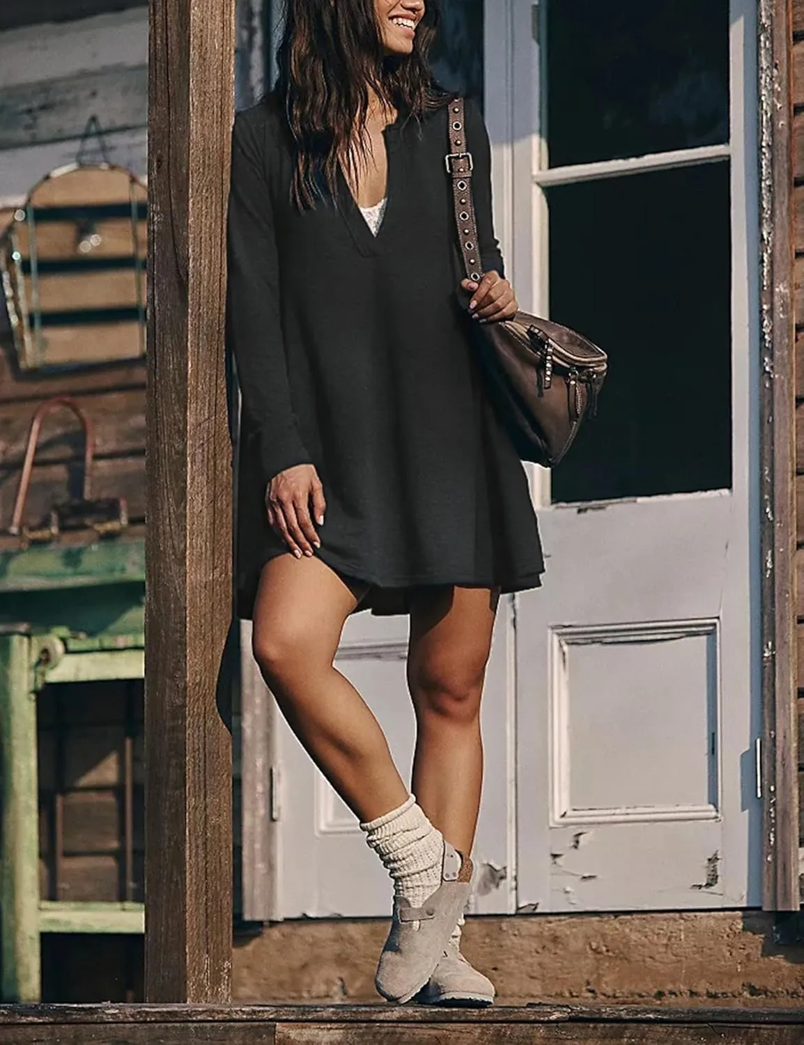 PUWEI Womens Long Sleeve Mini Dress Lapel Collared V Neck Sweatshirt Dress Casual Solid Color with Pockets
