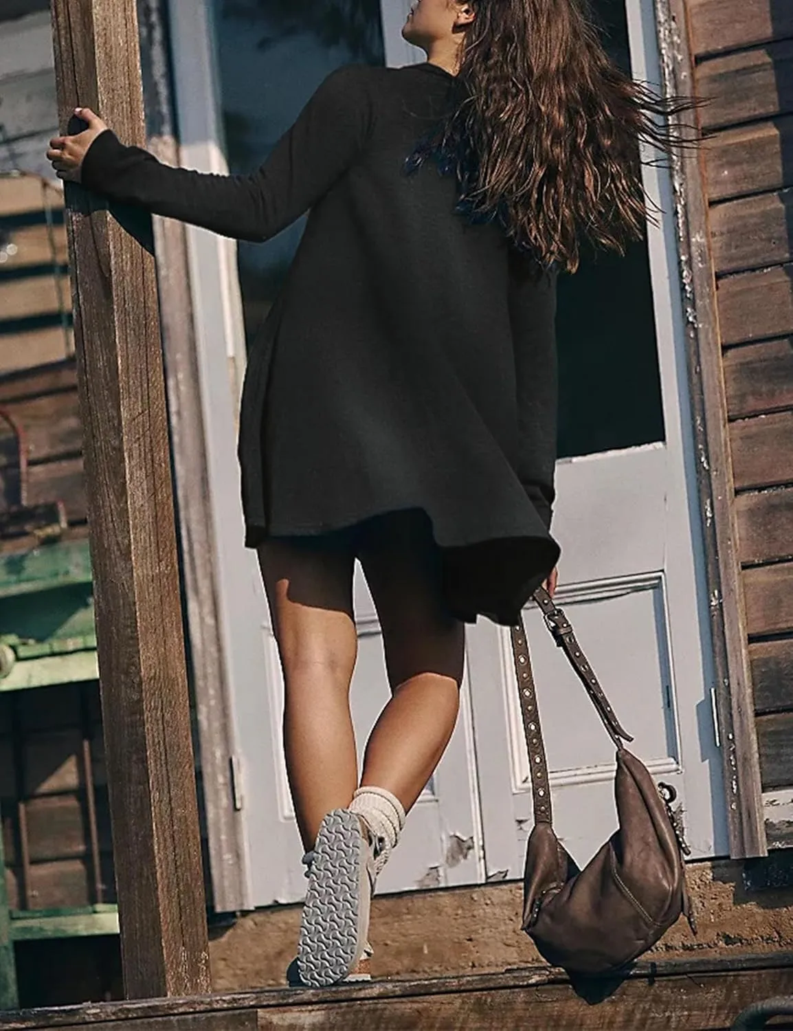 PUWEI Womens Long Sleeve Mini Dress Lapel Collared V Neck Sweatshirt Dress Casual Solid Color with Pockets
