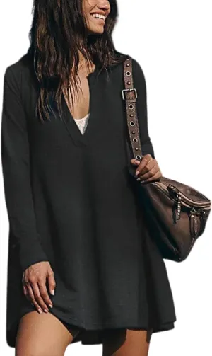 PUWEI Womens Long Sleeve Mini Dress Lapel Collared V Neck Sweatshirt Dress Casual Solid Color with Pockets