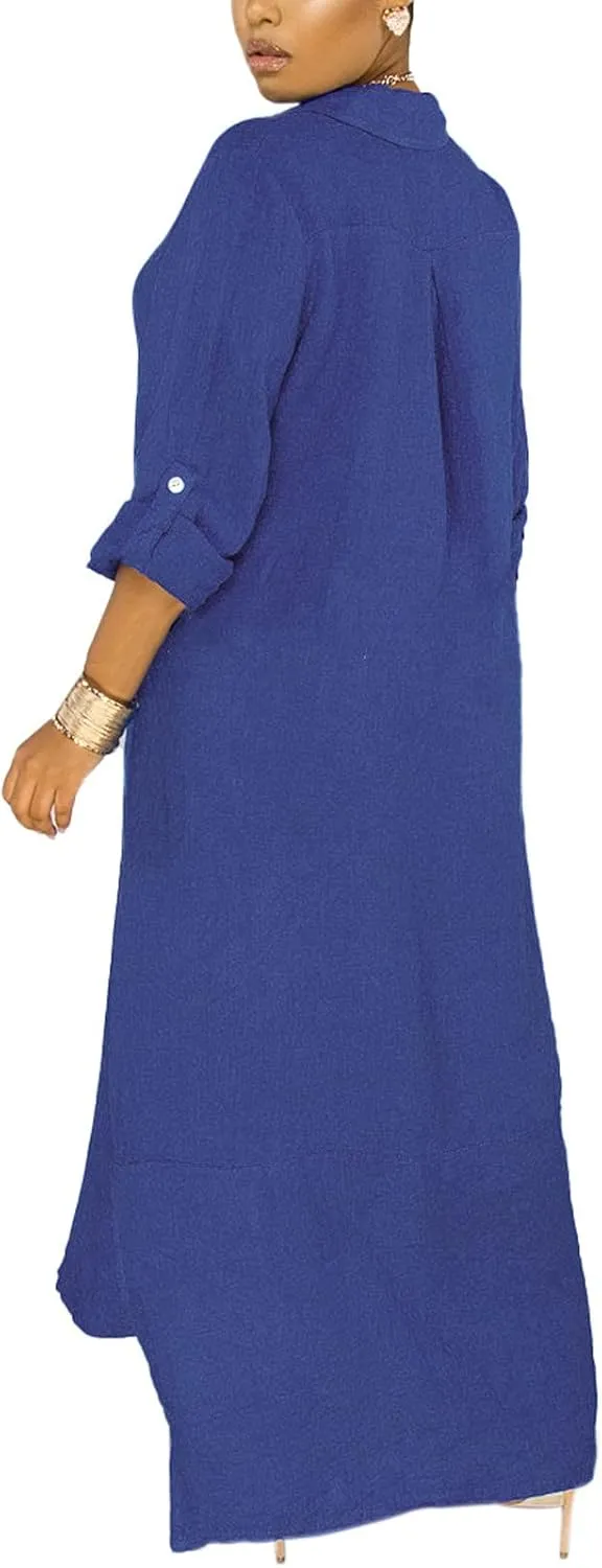 qfmqkpi Women's Solid Color 3/4 Rolled-Up Sleeve Shirts Dress Buttons Down Side Slit Maxi Dresses