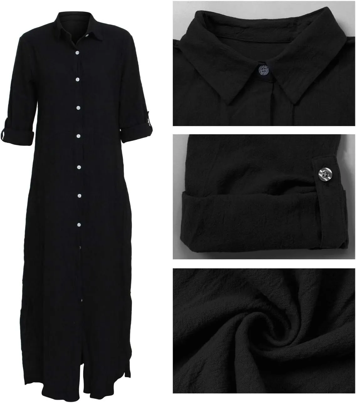 qfmqkpi Women's Solid Color 3/4 Rolled-Up Sleeve Shirts Dress Buttons Down Side Slit Maxi Dresses