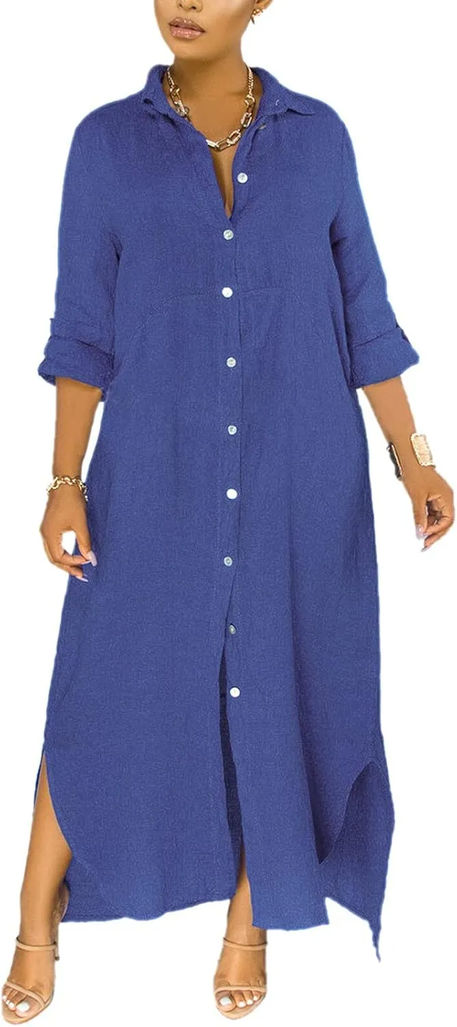 qfmqkpi Women's Solid Color 3/4 Rolled-Up Sleeve Shirts Dress Buttons Down Side Slit Maxi Dresses