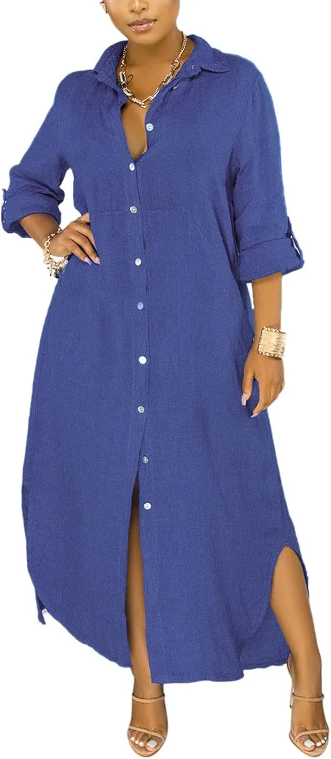 qfmqkpi Women's Solid Color 3/4 Rolled-Up Sleeve Shirts Dress Buttons Down Side Slit Maxi Dresses