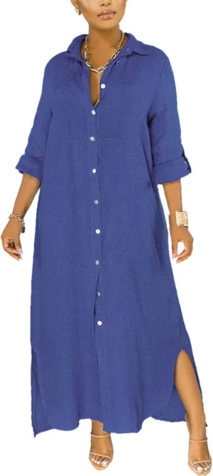 qfmqkpi Women's Solid Color 3/4 Rolled-Up Sleeve Shirts Dress Buttons Down Side Slit Maxi Dresses
