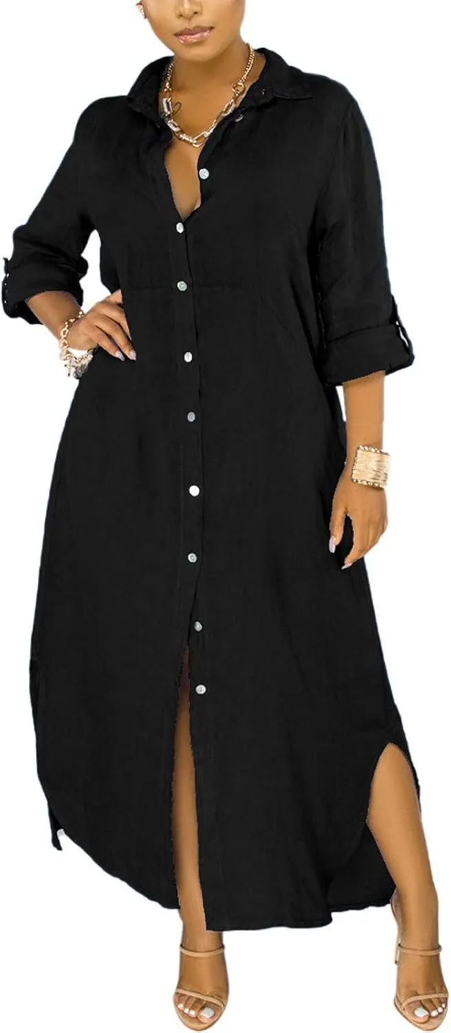 qfmqkpi Women's Solid Color 3/4 Rolled-Up Sleeve Shirts Dress Buttons Down Side Slit Maxi Dresses