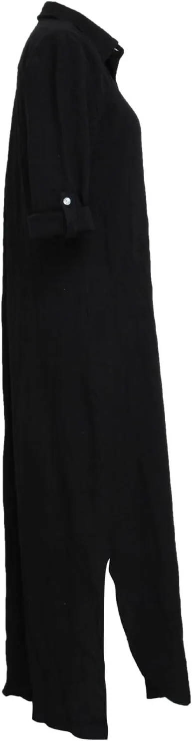 qfmqkpi Women's Solid Color 3/4 Rolled-Up Sleeve Shirts Dress Buttons Down Side Slit Maxi Dresses