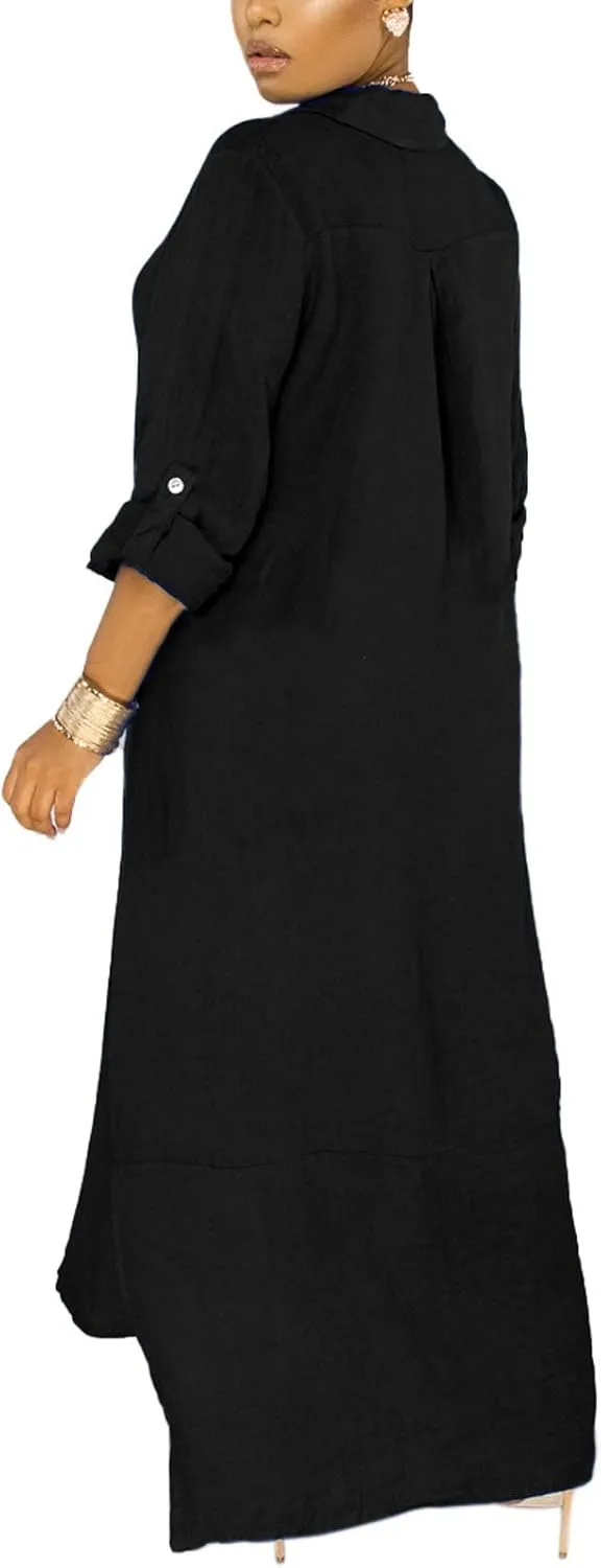 qfmqkpi Women's Solid Color 3/4 Rolled-Up Sleeve Shirts Dress Buttons Down Side Slit Maxi Dresses