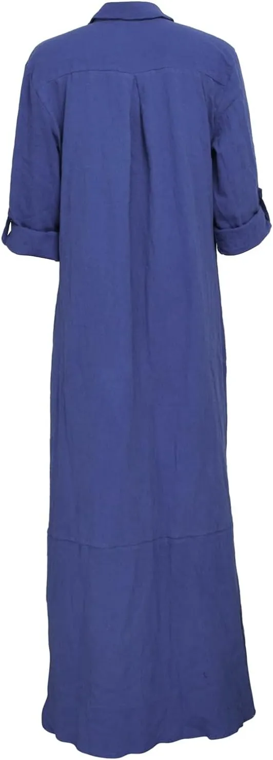 qfmqkpi Women's Solid Color 3/4 Rolled-Up Sleeve Shirts Dress Buttons Down Side Slit Maxi Dresses