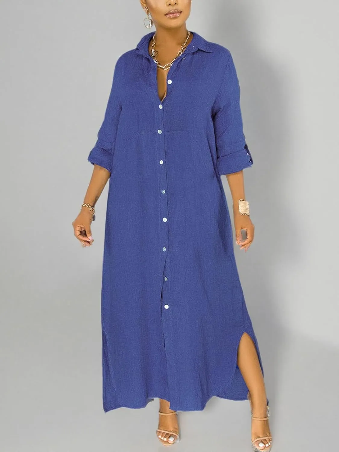 qfmqkpi Women's Solid Color 3/4 Rolled-Up Sleeve Shirts Dress Buttons Down Side Slit Maxi Dresses
