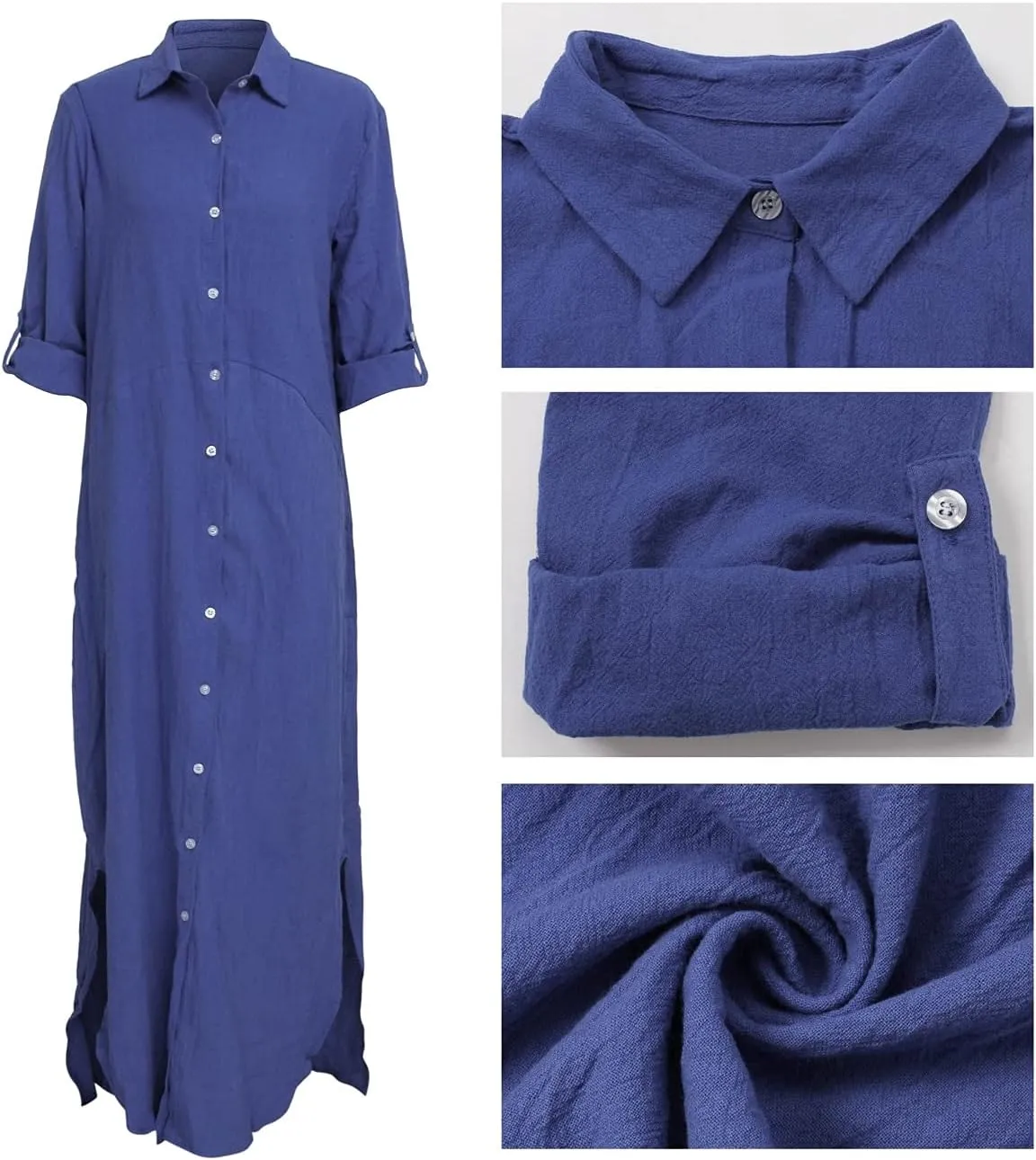 qfmqkpi Women's Solid Color 3/4 Rolled-Up Sleeve Shirts Dress Buttons Down Side Slit Maxi Dresses