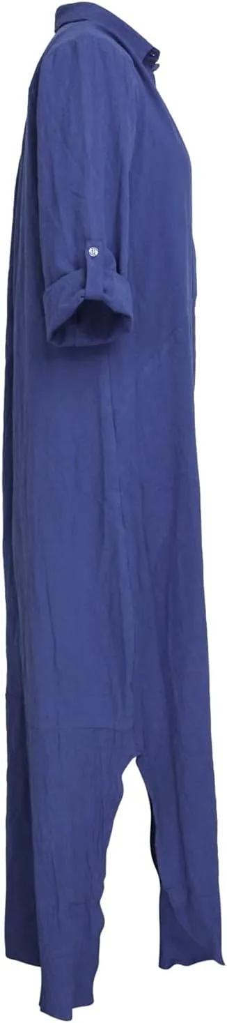qfmqkpi Women's Solid Color 3/4 Rolled-Up Sleeve Shirts Dress Buttons Down Side Slit Maxi Dresses