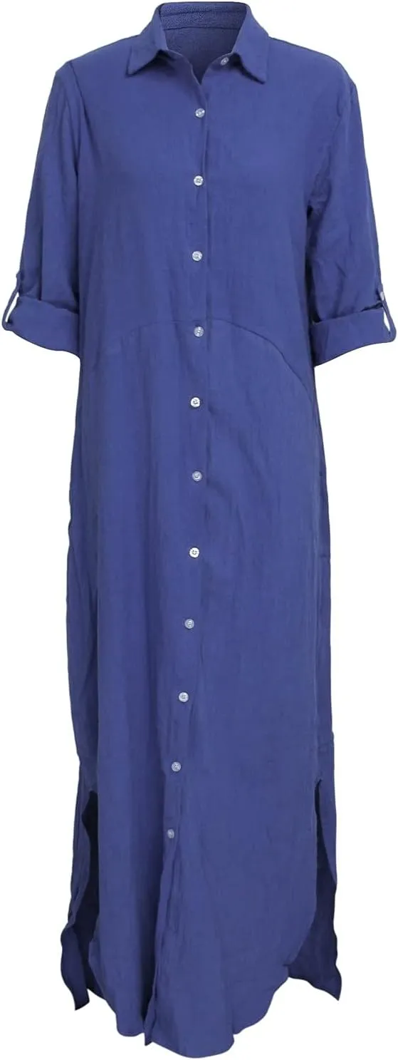 qfmqkpi Women's Solid Color 3/4 Rolled-Up Sleeve Shirts Dress Buttons Down Side Slit Maxi Dresses