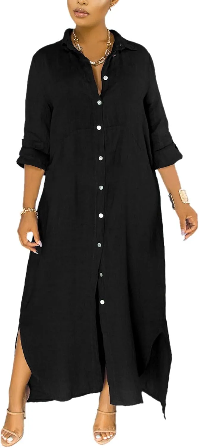 qfmqkpi Women's Solid Color 3/4 Rolled-Up Sleeve Shirts Dress Buttons Down Side Slit Maxi Dresses