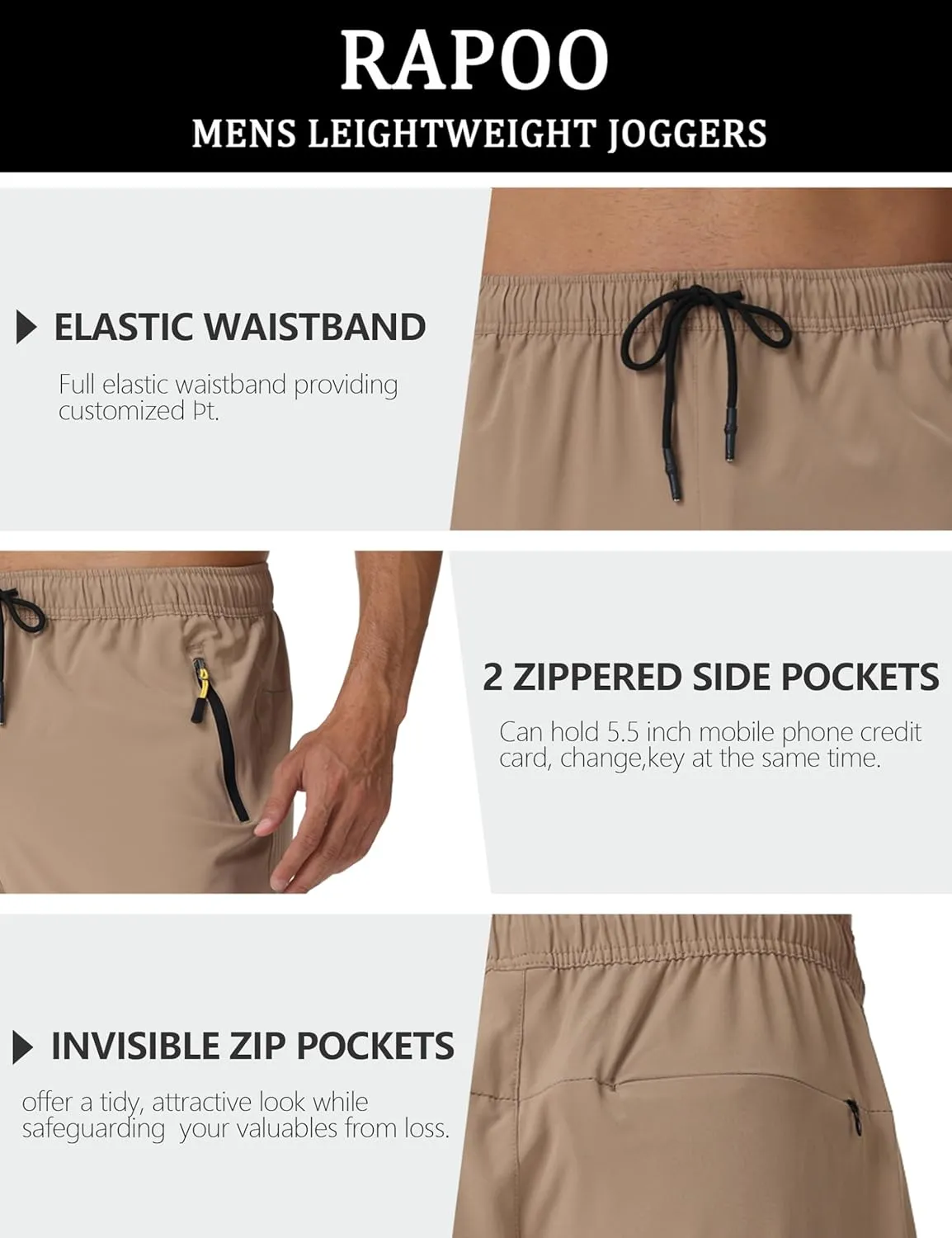 Rapoo Mens Lightweight Hiking Pants Quick Dry Stretch Joggers for Running Workout Casual