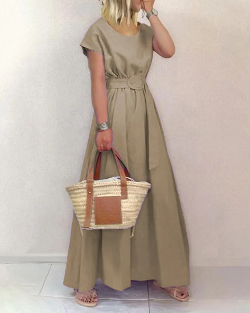 Round Neck Solid Color Swing Dress
