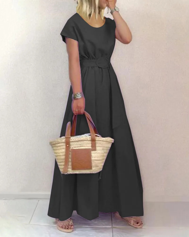 Round Neck Solid Color Swing Dress