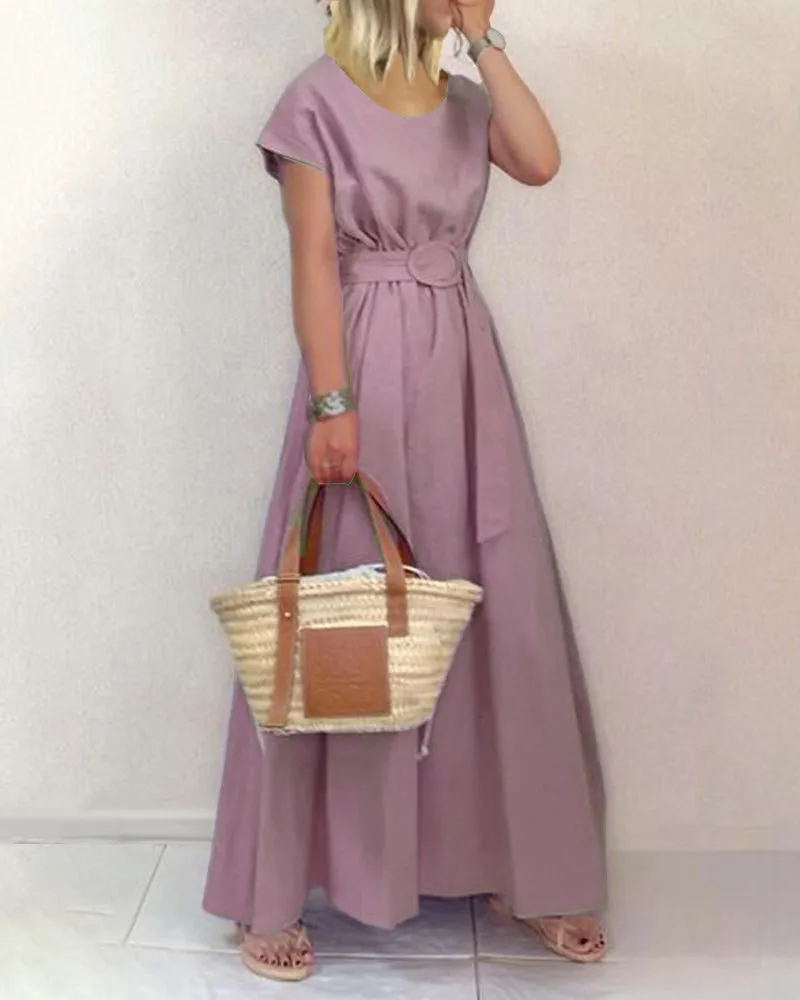 Round Neck Solid Color Swing Dress