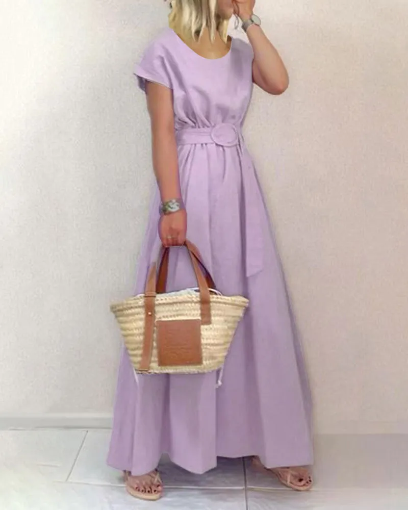 Round Neck Solid Color Swing Dress
