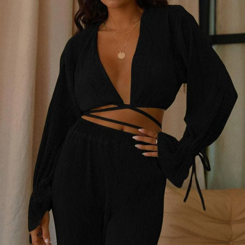 Solid Color Long Sleeves String Tie Top Long Pants ZL2053