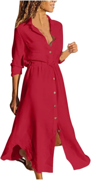 Women's Maxi Shirt Dress 2024 Spring Summer Long Sleeve Dresses Lapel V Neck A Line Flowy Elegant Party Long Dresses