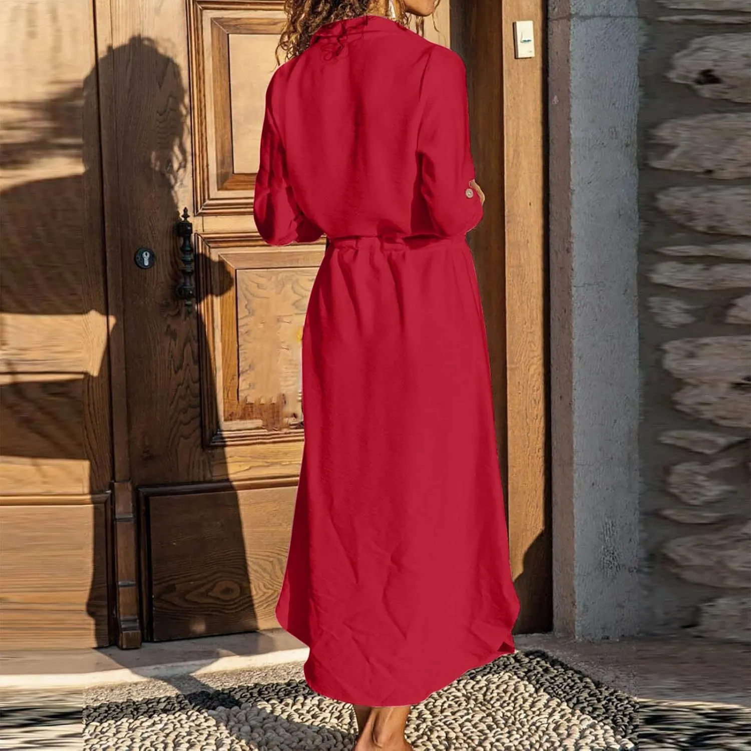 Women's Maxi Shirt Dress 2024 Spring Summer Long Sleeve Dresses Lapel V Neck A Line Flowy Elegant Party Long Dresses