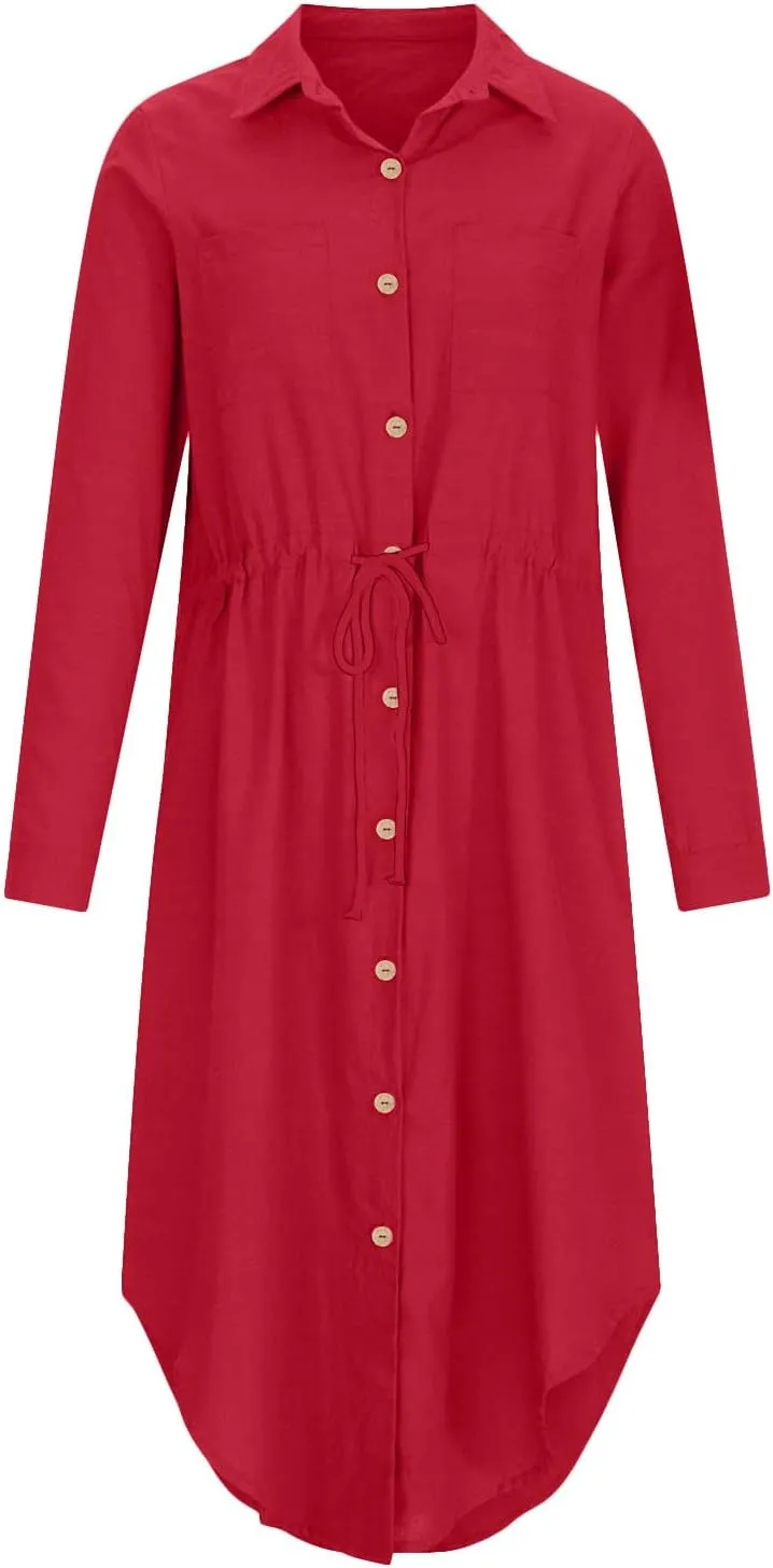 Women's Maxi Shirt Dress 2024 Spring Summer Long Sleeve Dresses Lapel V Neck A Line Flowy Elegant Party Long Dresses