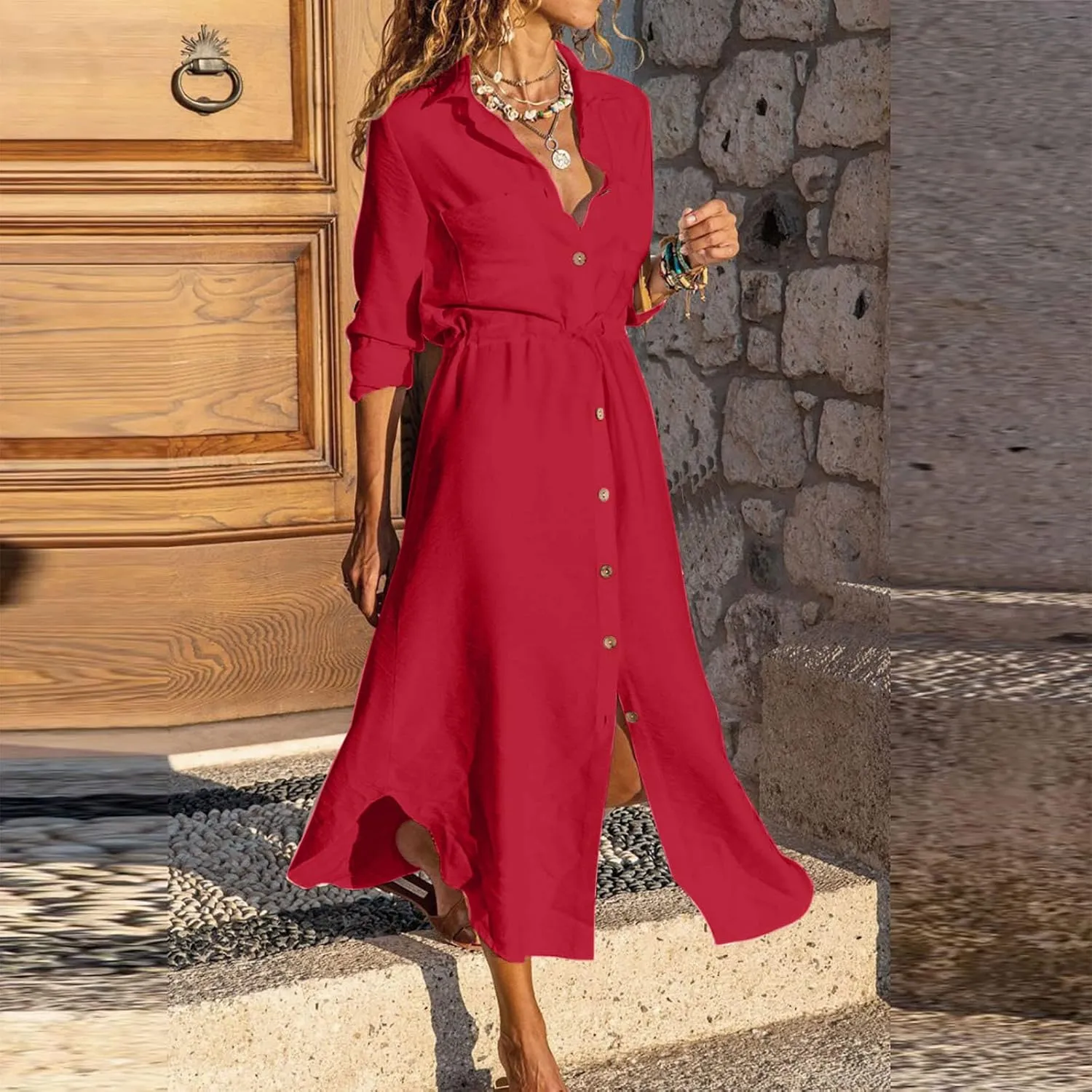 Women's Maxi Shirt Dress 2024 Spring Summer Long Sleeve Dresses Lapel V Neck A Line Flowy Elegant Party Long Dresses