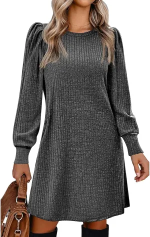 Zeagoo Women Knit Dress Puff Long Sleeve Dress for Fall Winter Round Neck Casual Tunic Dress