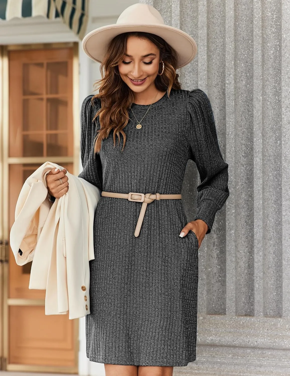 Zeagoo Women Knit Dress Puff Long Sleeve Dress for Fall Winter Round Neck Casual Tunic Dress