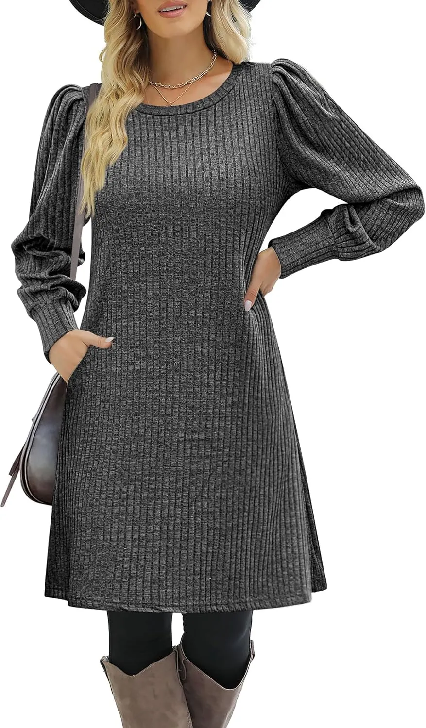 Zeagoo Women Knit Dress Puff Long Sleeve Dress for Fall Winter Round Neck Casual Tunic Dress