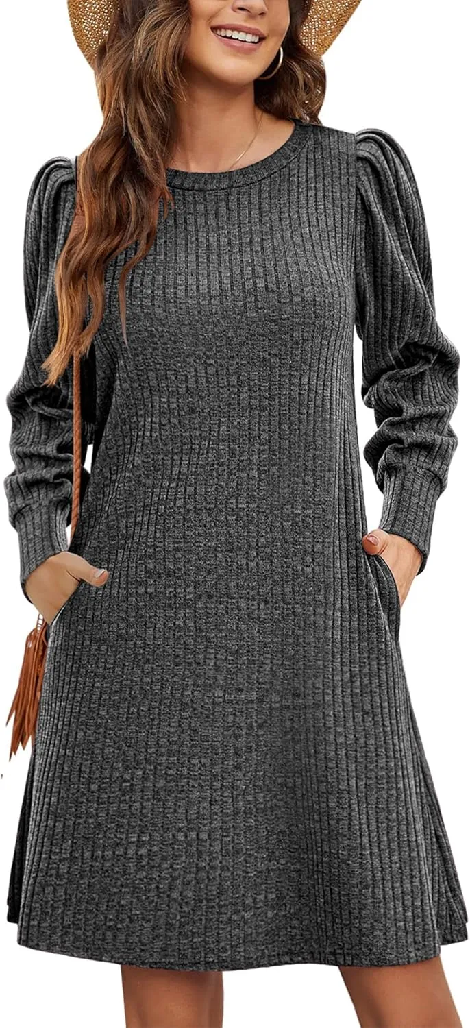 Zeagoo Women Knit Dress Puff Long Sleeve Dress for Fall Winter Round Neck Casual Tunic Dress