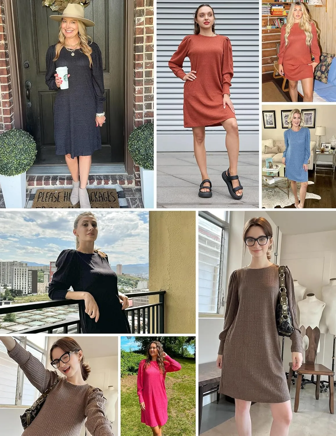 Zeagoo Women Knit Dress Puff Long Sleeve Dress for Fall Winter Round Neck Casual Tunic Dress